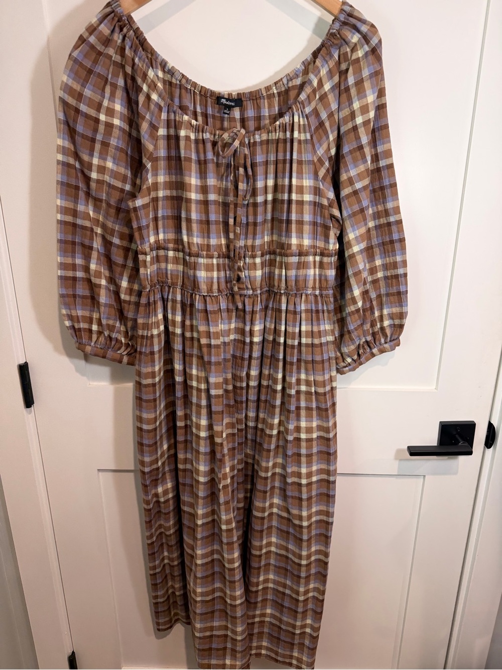 Madewell Puff-Sleeve Midi Dress in Plaid Brown & Purple Large